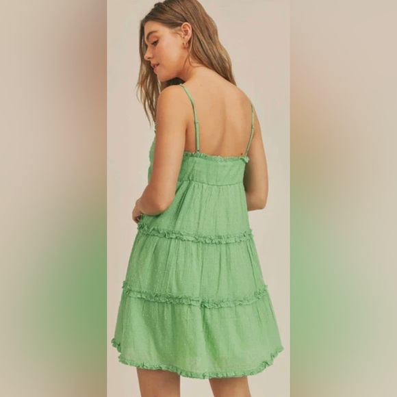 Sadie and Sage Green Swiss Dot Sleeveless Tiered Boho Beachy Dainty Mini Dress - Picture 4 of 14